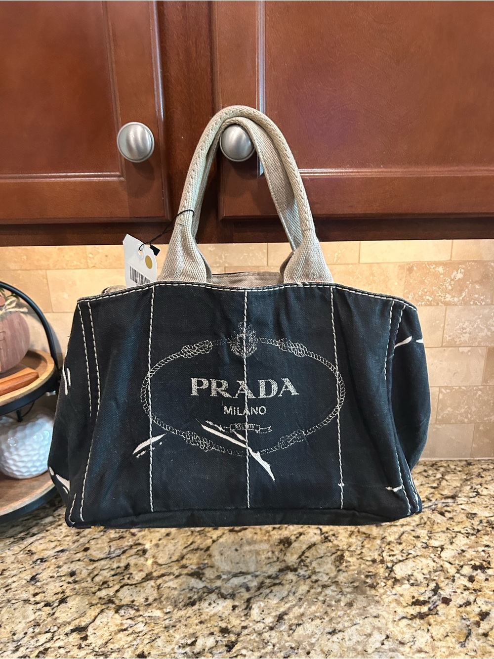 Prada Canapa Black and White Canvas Shopping Tote Hand Bag Purse with coa